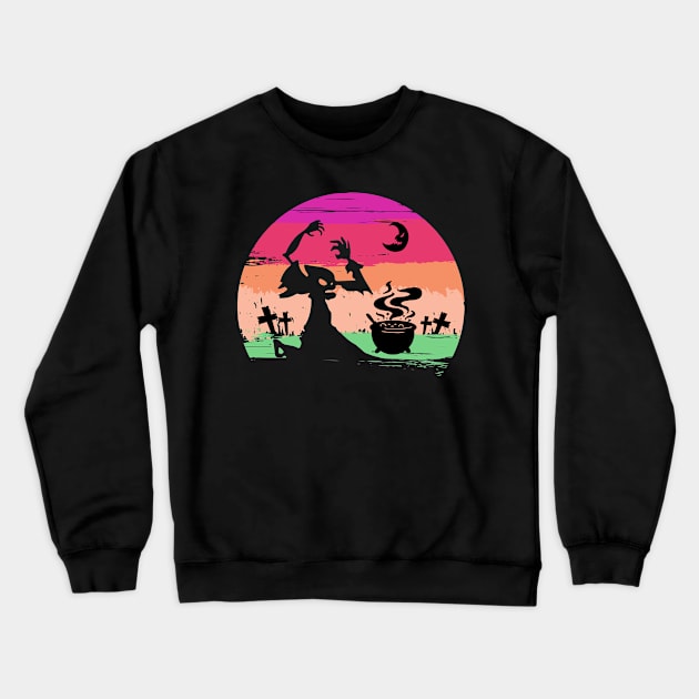 Creepy witch making a crazy spell magic retro Halloween party Crewneck Sweatshirt by TIHONA